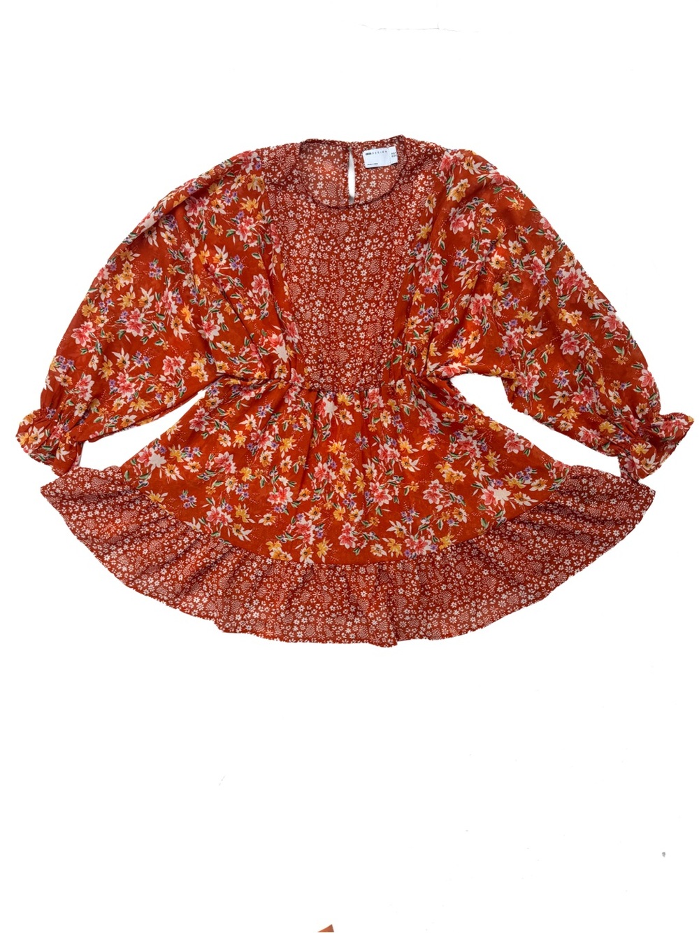 ASOS DESIGN Mixed Floral Mini Skater Dress Rust Red Boho Size 6 Womens EUC Sheer - Picture 2 of 11